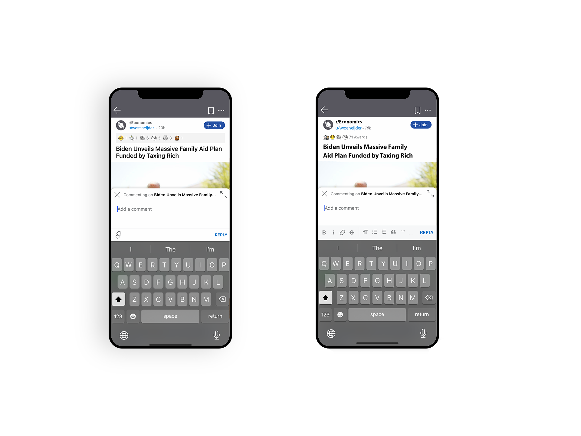 mobile mockup of current comment section next to redesigned layout