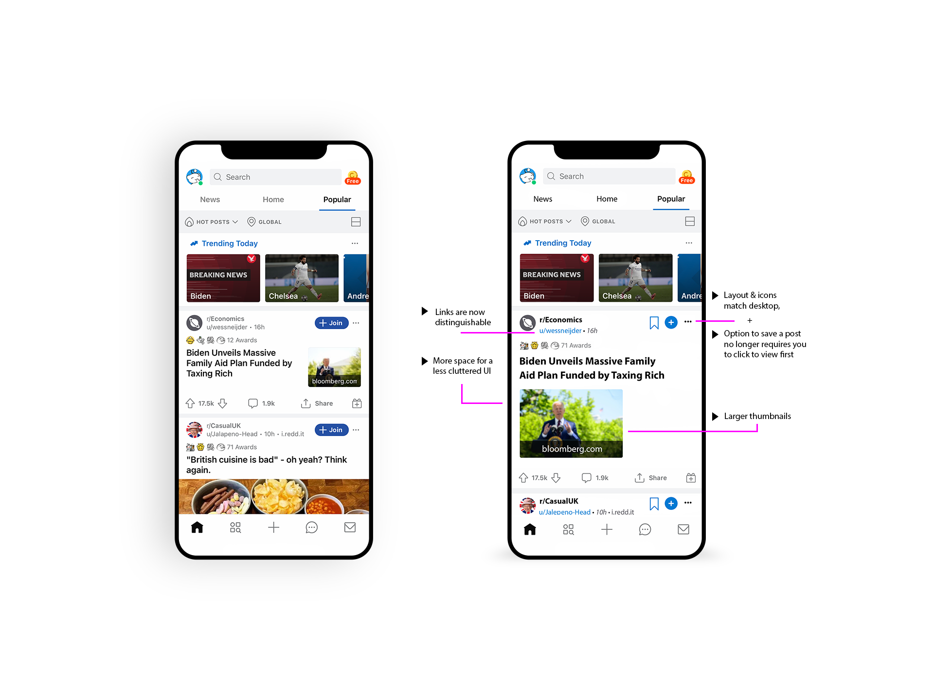 mobile mockup of current home layout next to redesigned layout
